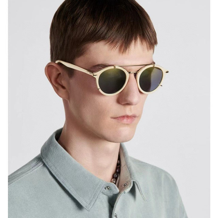 D**R DiorSignature R1U Round Sunglasses | Cream Acetate Frame, Gold Mirror Lenses, Double Bridge | Multiple Colors