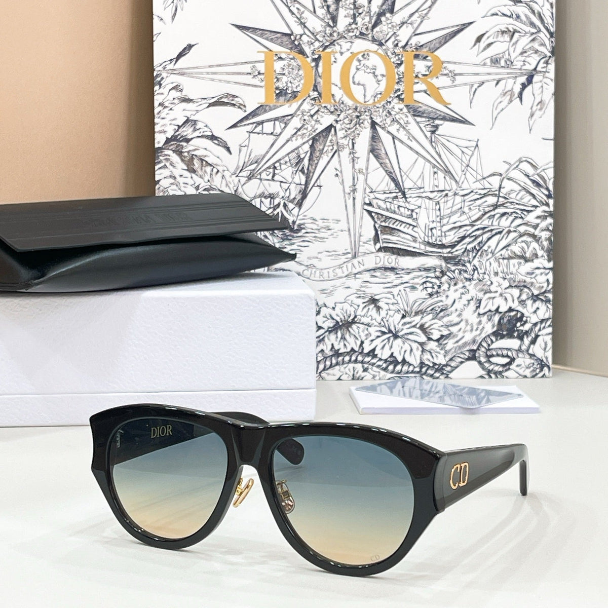 D**R Oversized Pilot Sunglasses with Glossy Black Acetate Frame, Brown Gradient Lenses & Gold CD Logo Hardware