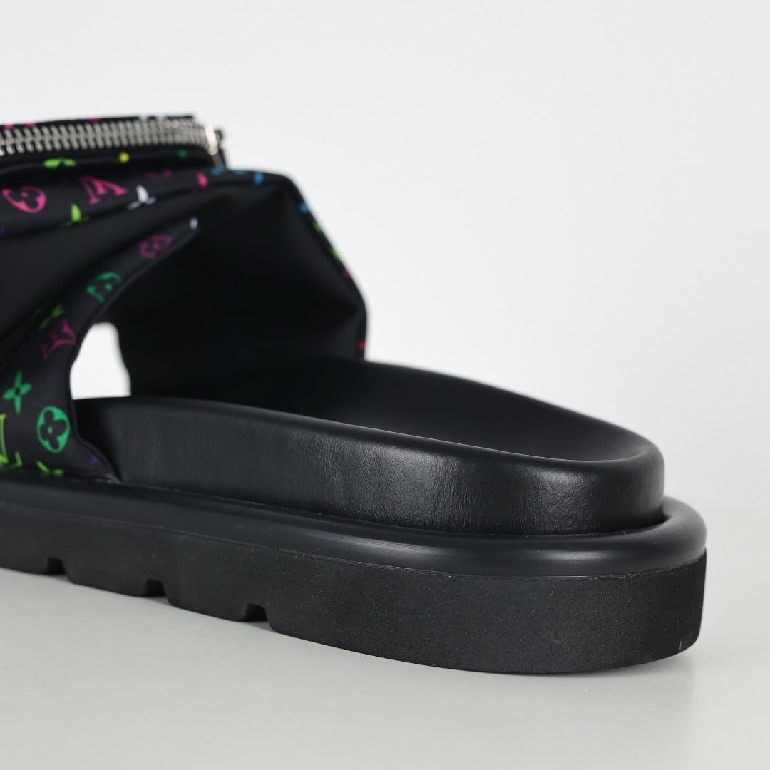 L***V Black Multicolor Monogram Gold Zipper Bow Wide Strap Pool Pillow Slide Sandals — Spring Summer Boutique Limited Edition