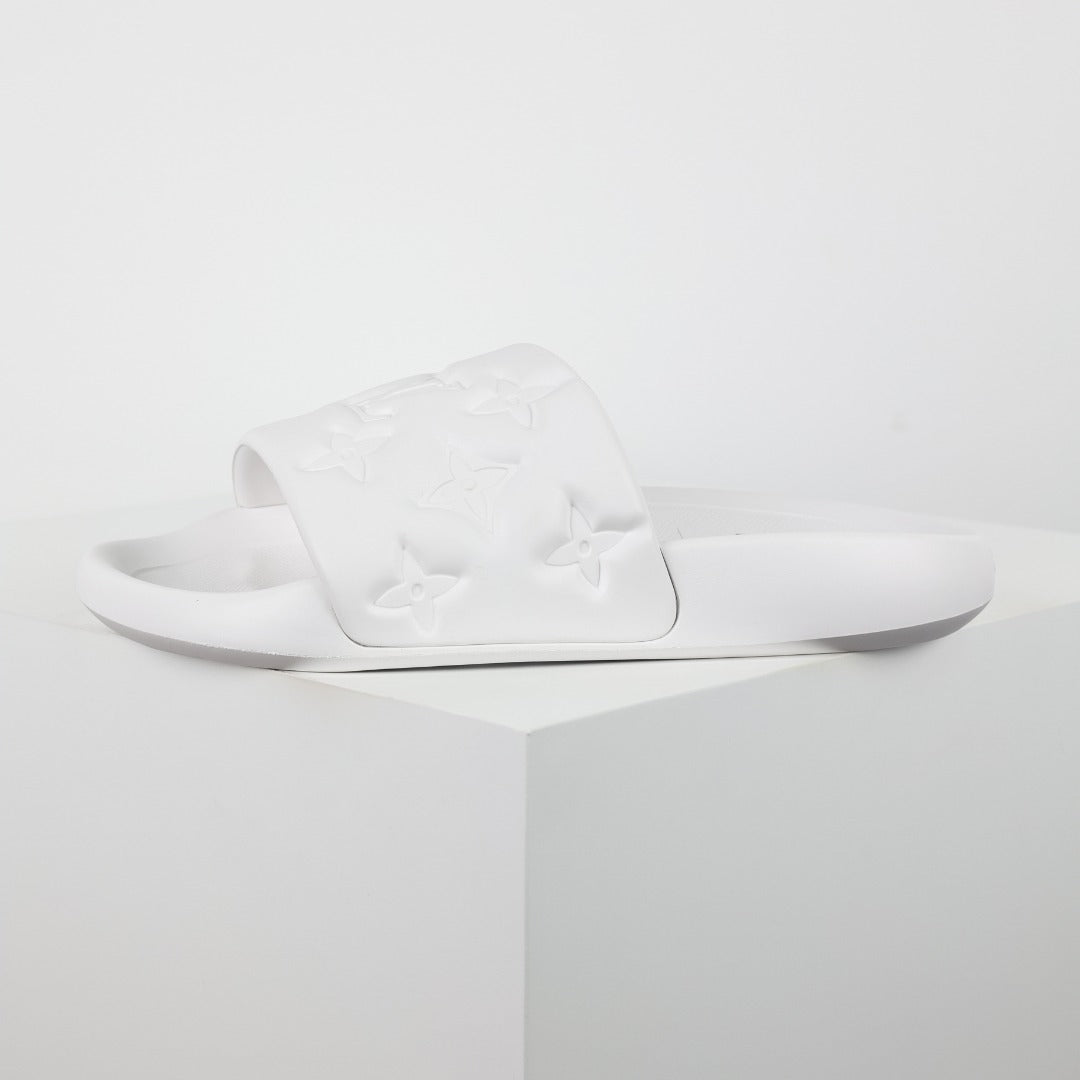 L***V White Tonal Monogram Embossed EVA Waterfront Wide Strap Slide Sandals — Spring Summer Boutique Limited Edition