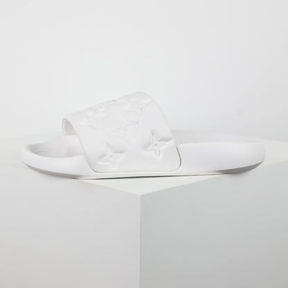 L***V White Tonal Monogram Embossed EVA Waterfront Wide Strap Slide Sandals — Spring Summer Boutique Limited Edition