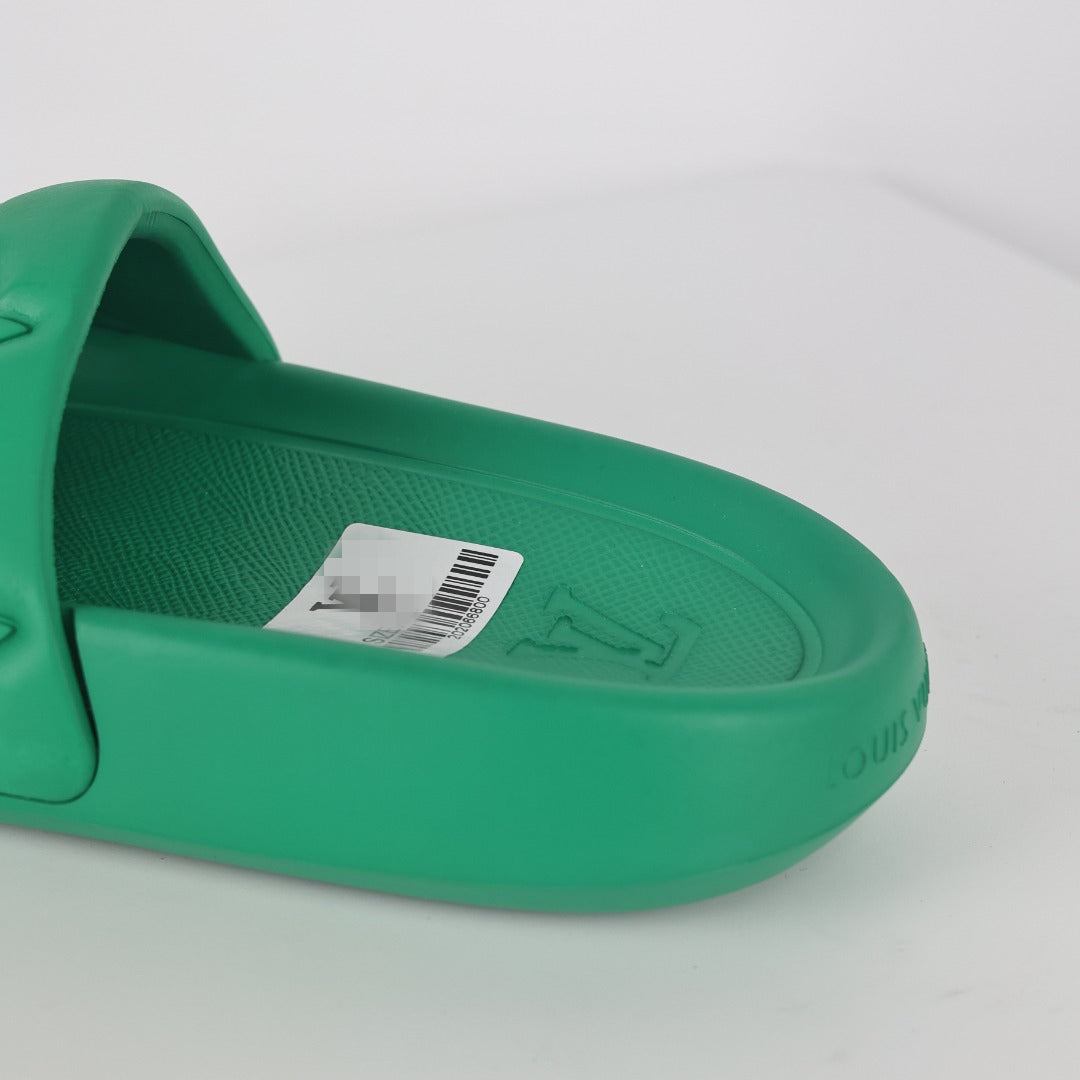 L***V Kelly Green Tonal Monogram Embossed Waterproof EVA Waterfront Wide Strap Slide Sandals — Spring Summer Boutique Limited Edition