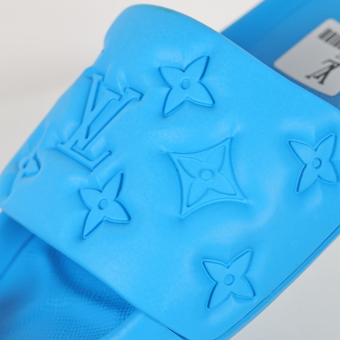 L***V Electric Blue Tonal Monogram Embossed EVA Waterfront Wide Strap Slide Sandals — Spring Summer Boutique Limited Edition