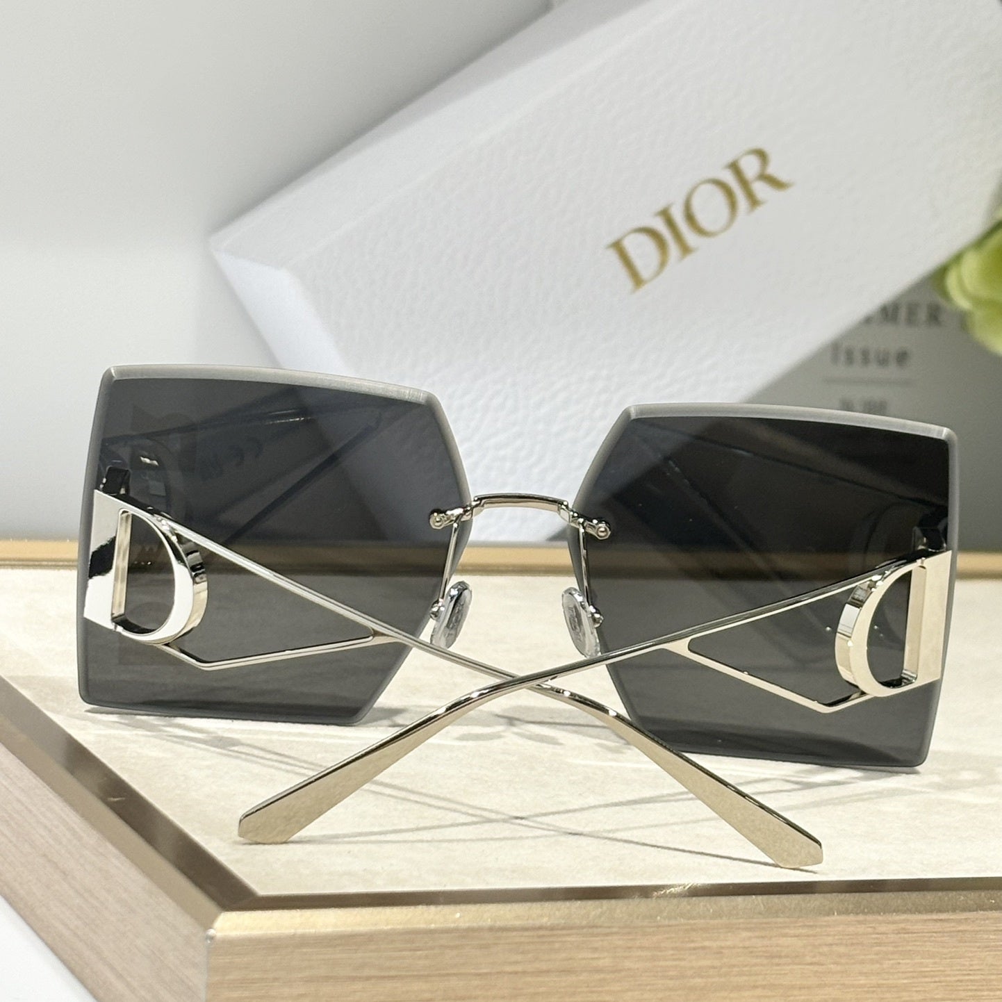 D**R Geometric Oversized Sunglasses | Rimless Bevelled Square Frame, DIOR Letter Print Lens, Silver Metal | Multiple Colors