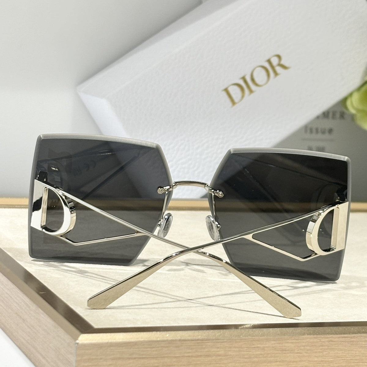 D**R Geometric Oversized Sunglasses | Rimless Bevelled Square Frame, DIOR Letter Print Lens, Silver Metal | Multiple Colors