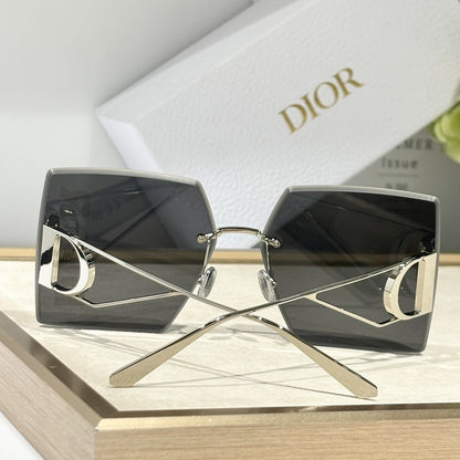D**R Geometric Oversized Sunglasses | Rimless Bevelled Square Frame, DIOR Letter Print Lens, Silver Metal | Multiple Colors