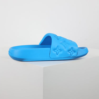 L***V Electric Blue Tonal Monogram Embossed EVA Waterfront Wide Strap Slide Sandals — Spring Summer Boutique Limited Edition