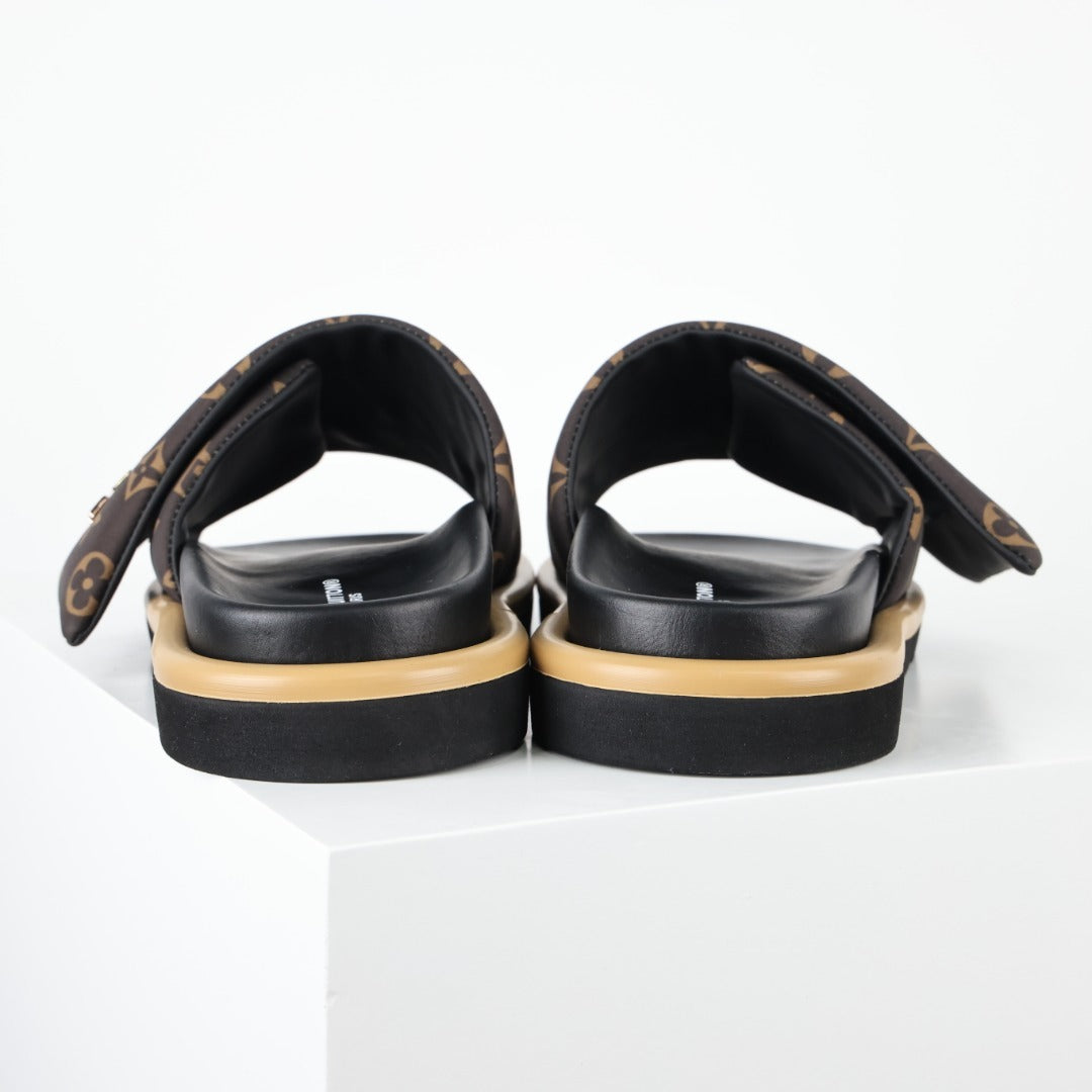 L***V Monogram Canvas LV Logo Slide Sandals — SS24 Gold Hardware Wide Band Slip-On Pool Beach Slippers (4 Colors)