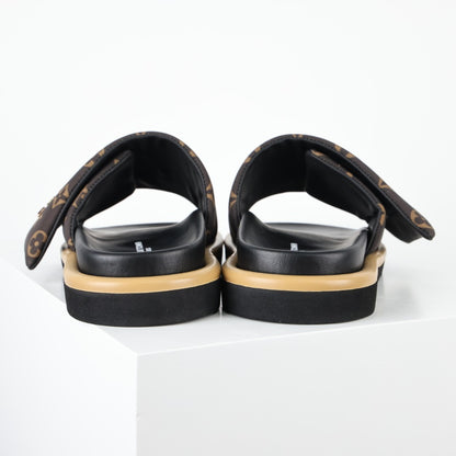 L***V Monogram Canvas LV Logo Slide Sandals — SS24 Gold Hardware Wide Band Slip-On Pool Beach Slippers (4 Colors)