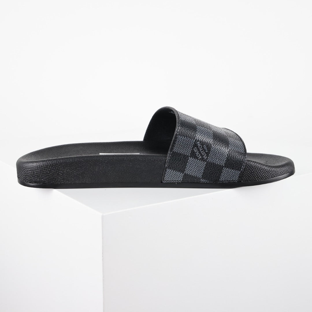 L***V Damier Graphite All-Black Waterfront Wide Strap Slide Sandals — Spring Summer Boutique Limited Edition