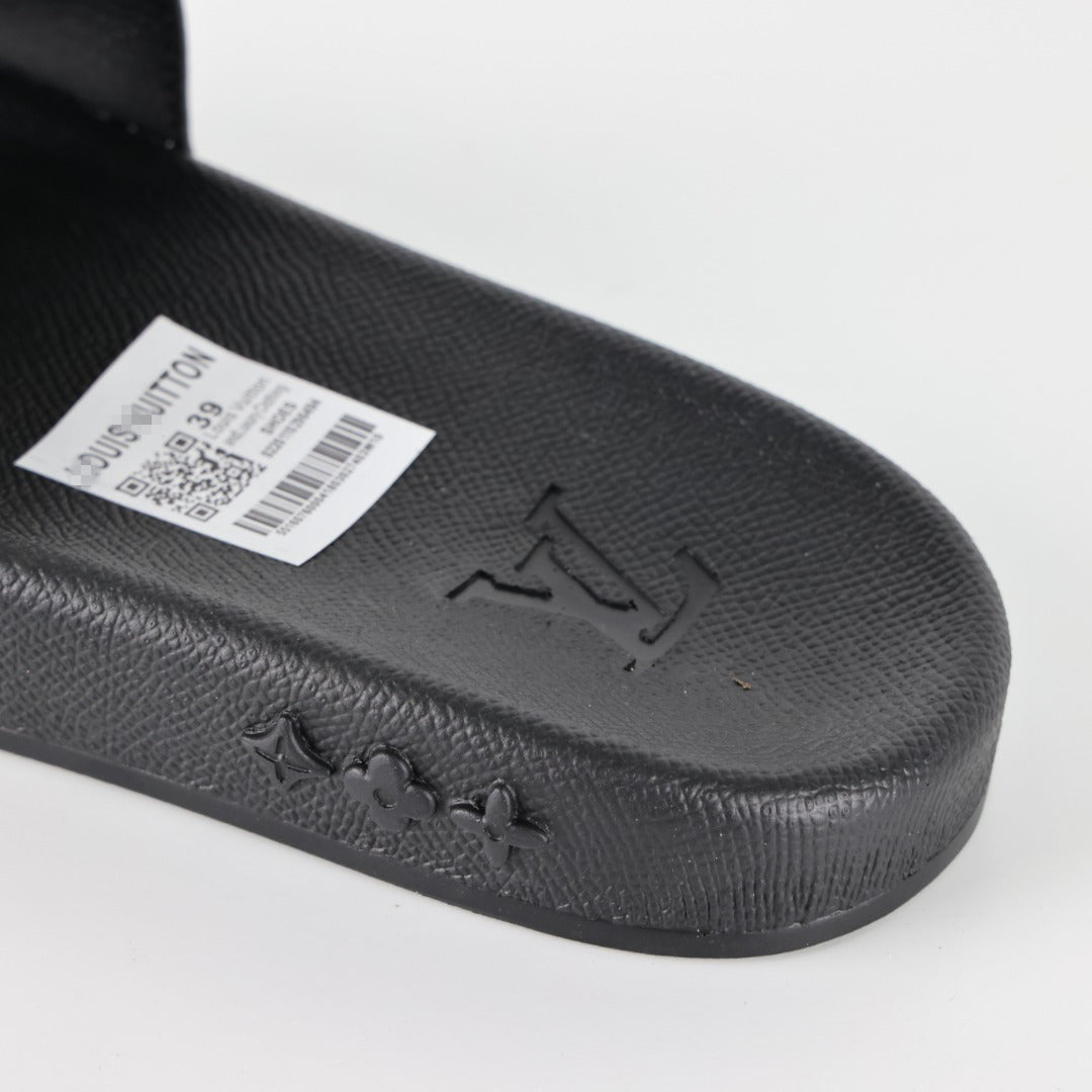 L***V Damier Graphite All-Black Waterfront Wide Strap Slide Sandals — Spring Summer Boutique Limited Edition