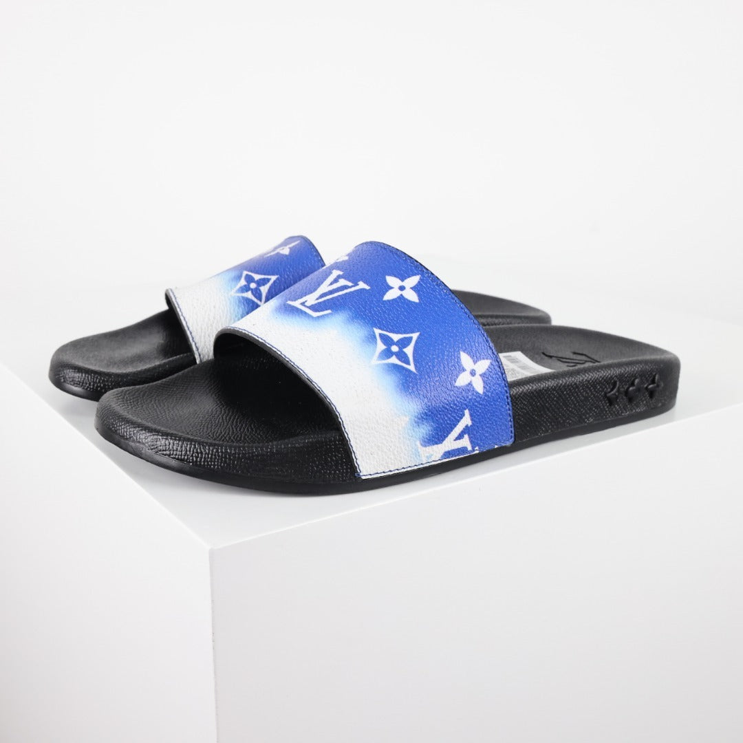 L***V White Cobalt Blue Ombre Tie-Dye Oversized Monogram Waterfront Wide Strap Slide Sandals — Spring Summer Boutique Limited Edition
