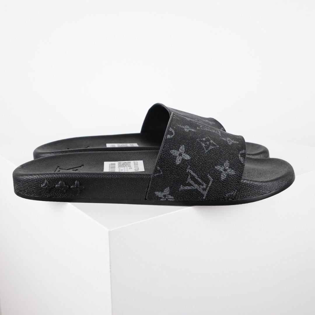 L***V Monogram Eclipse All-Black Waterfront Wide Strap Slide Sandals — Spring Summer Boutique Limited Edition