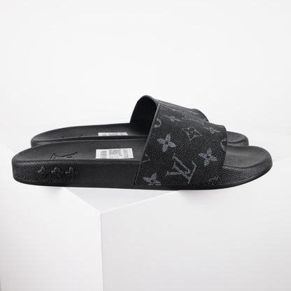 L***V Monogram Eclipse All-Black Waterfront Wide Strap Slide Sandals — Spring Summer Boutique Limited Edition