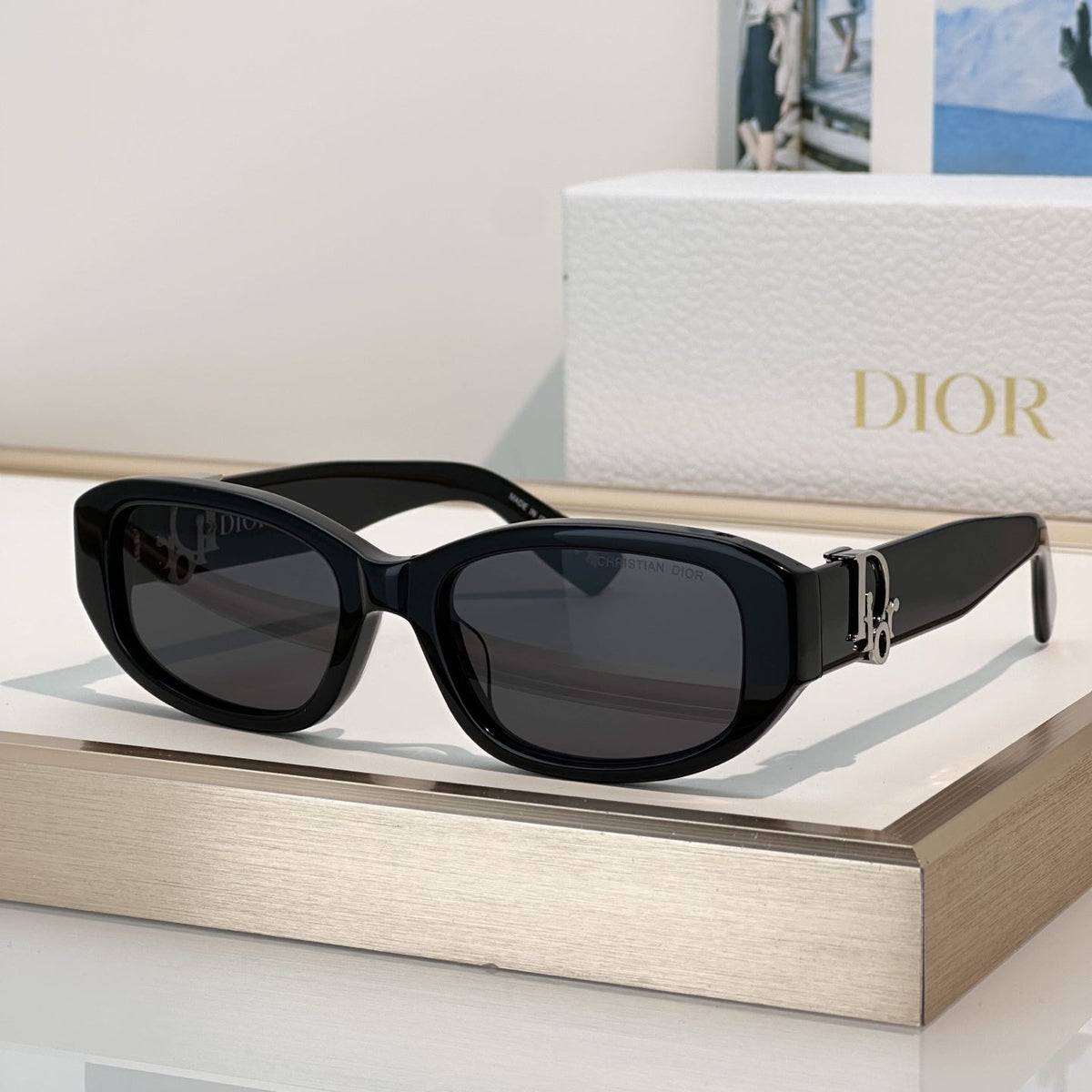 D**R Slim Rectangular Oval Sunglasses with Thick Glossy Black Acetate Frame, Dark Grey Lenses & Gold CD Script Logo Hardware