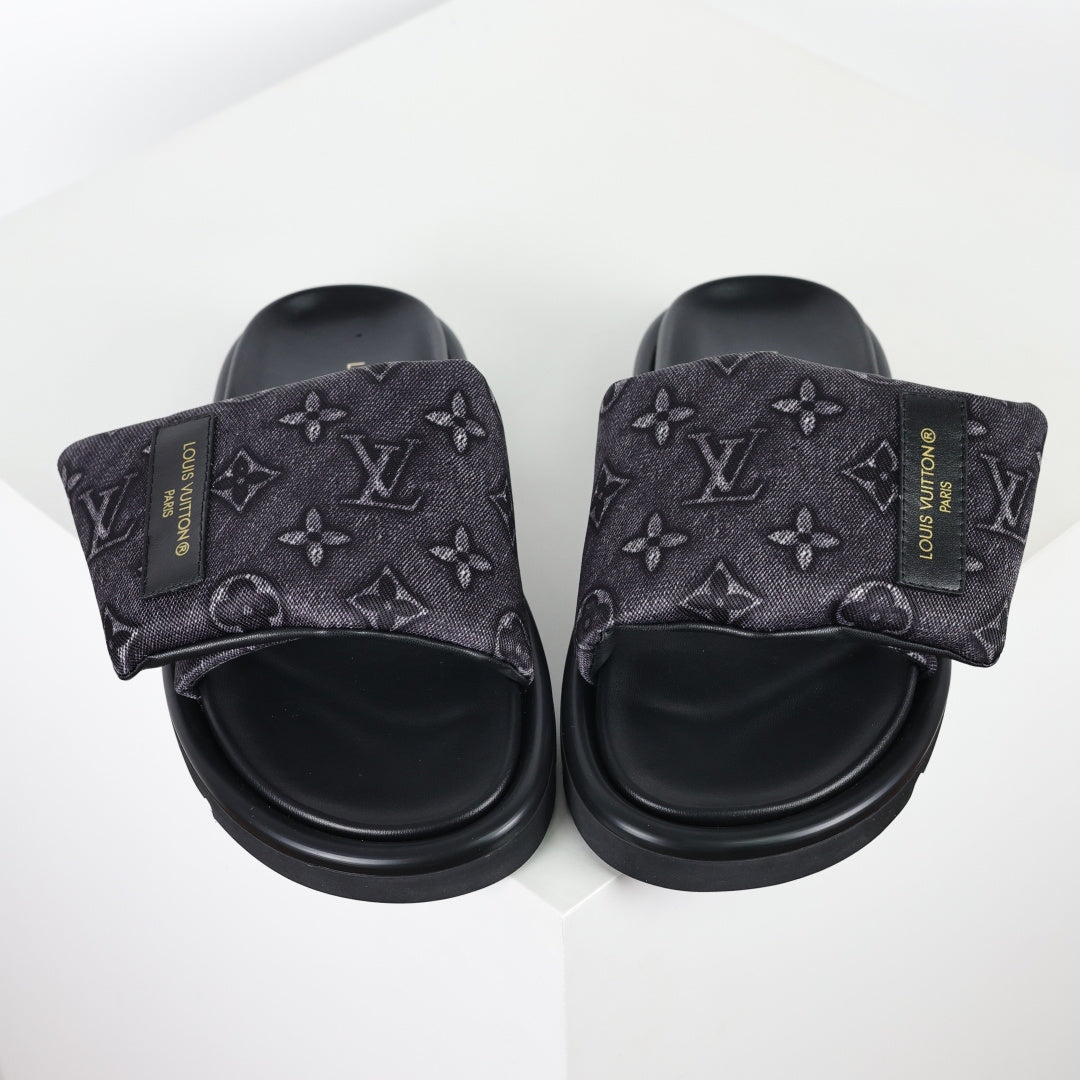 L***V All-Black Embossed Monogram Leather Wide Strap Platform Slide Sandals — Spring Summer Boutique Limited Edition