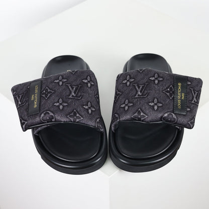 L***V All-Black Embossed Monogram Leather Wide Strap Platform Slide Sandals — Spring Summer Boutique Limited Edition
