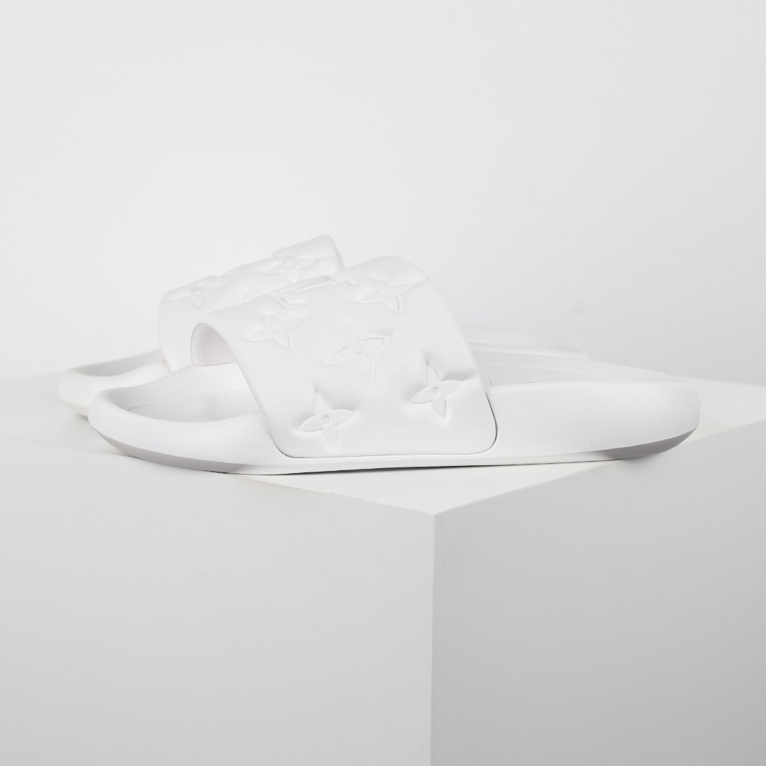 L***V White Tonal Monogram Embossed EVA Waterfront Wide Strap Slide Sandals — Spring Summer Boutique Limited Edition