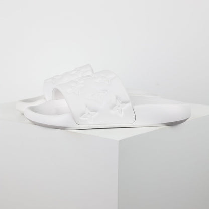 L***V White Tonal Monogram Embossed EVA Waterfront Wide Strap Slide Sandals — Spring Summer Boutique Limited Edition