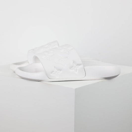 L***V White Tonal Monogram Embossed EVA Waterfront Wide Strap Slide Sandals — Spring Summer Boutique Limited Edition