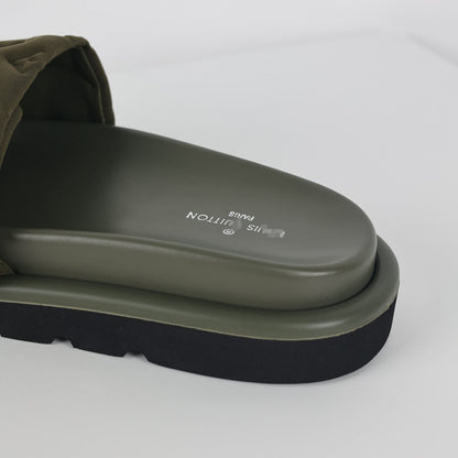 L***V Olive Green Tonal Monogram Puffy Quilted Wide Strap Flat Slide Sandals — 2024 Spring Summer Boutique Limited Edition