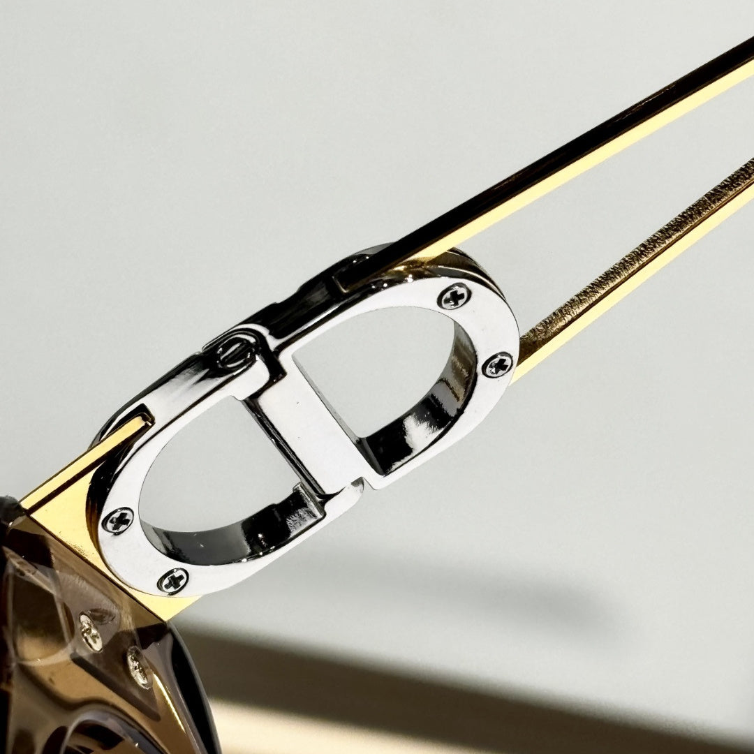 D**R Narrow Cat-Eye Sunglasses | Transparent Smoke-Brown Acetate Frame, CD Metal Badge, Champagne Acetate Temple, Flat Brown Lenses