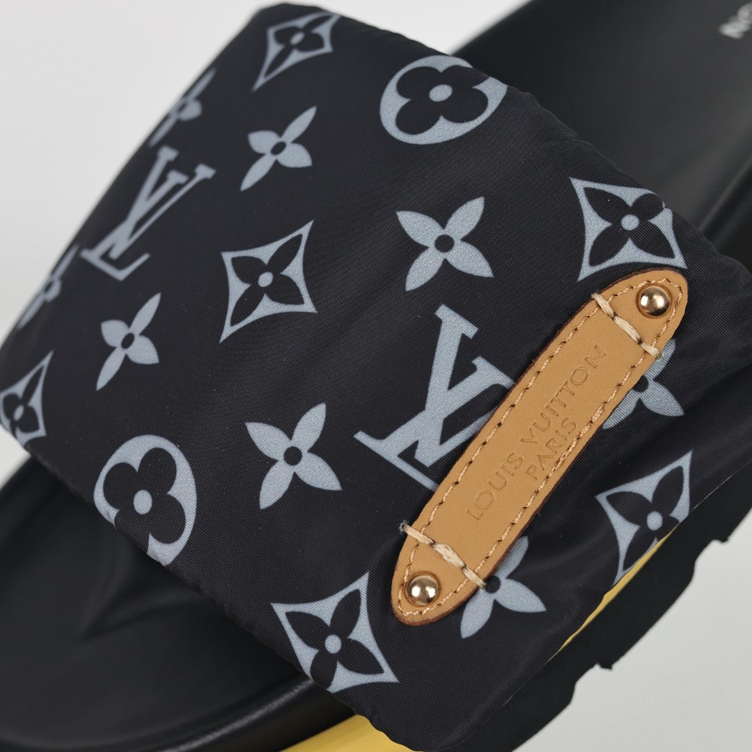 L***V All-Black Monogram Canvas Gold Bar Platform Slide Sandals — 2024 Spring Summer Boutique Limited Edition
