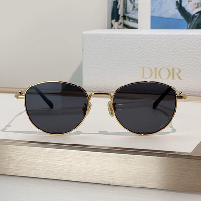 D**R Slim Round Sunglasses with Polished Gold Metal Wire Frame, Dark Grey Solid Lenses & CD Monogram Lens Detail