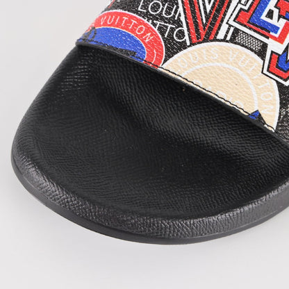 L***V White Multicolor Circular Badge Travel Sticker Print Waterfront Wide Strap Slide Sandals — Spring Summer Boutique Limited Edition