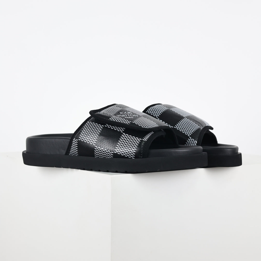 L***V Damier Graphite Black White Grey Woven Jacquard Pillow Slip-On Wide Strap Miami Slide Sandals — Spring Summer Boutique Limited Edition