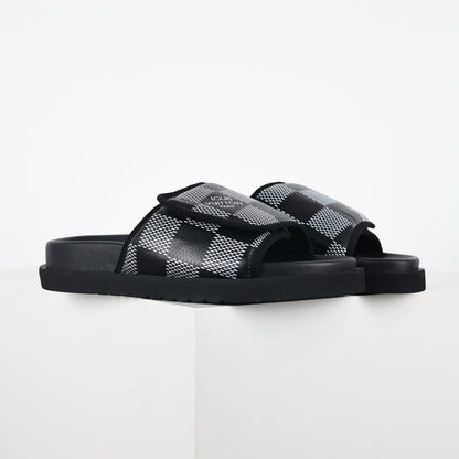 L***V Damier Graphite Black White Grey Woven Jacquard Pillow Slip-On Wide Strap Miami Slide Sandals — Spring Summer Boutique Limited Edition