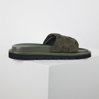 L***V Olive Green Tonal Monogram Puffy Quilted Wide Strap Flat Slide Sandals — 2024 Spring Summer Boutique Limited Edition