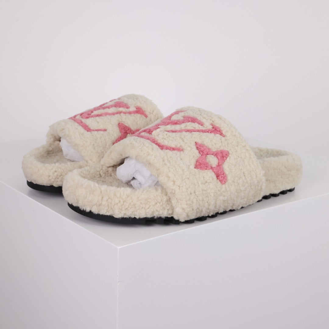 L***V Dark Chocolate Brown Tonal Monogram Shearling Lambswool Double Strap Slide Sandals — Autumn Winter Boutique Limited Edition