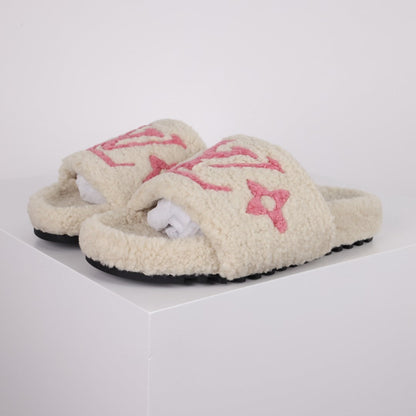 L***V Dark Chocolate Brown Tonal Monogram Shearling Lambswool Double Strap Slide Sandals — Autumn Winter Boutique Limited Edition