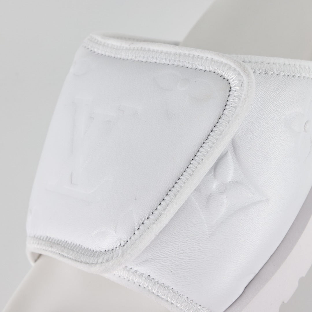 L***V All-White Inflated Pillow Leather Wide Strap Miami Slide Sandals — Spring Summer Boutique Limited Edition