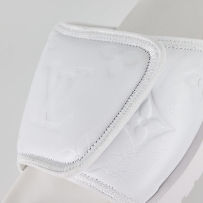 L***V All-White Inflated Pillow Leather Wide Strap Miami Slide Sandals — Spring Summer Boutique Limited Edition