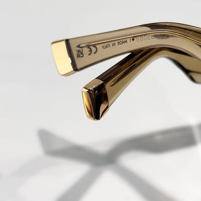 D**R Oversized Square Acetate Sunglasses | Transparent Champagne Frame, Gold CD Rivet, Gold Metal Tip, Flat Brown Lenses