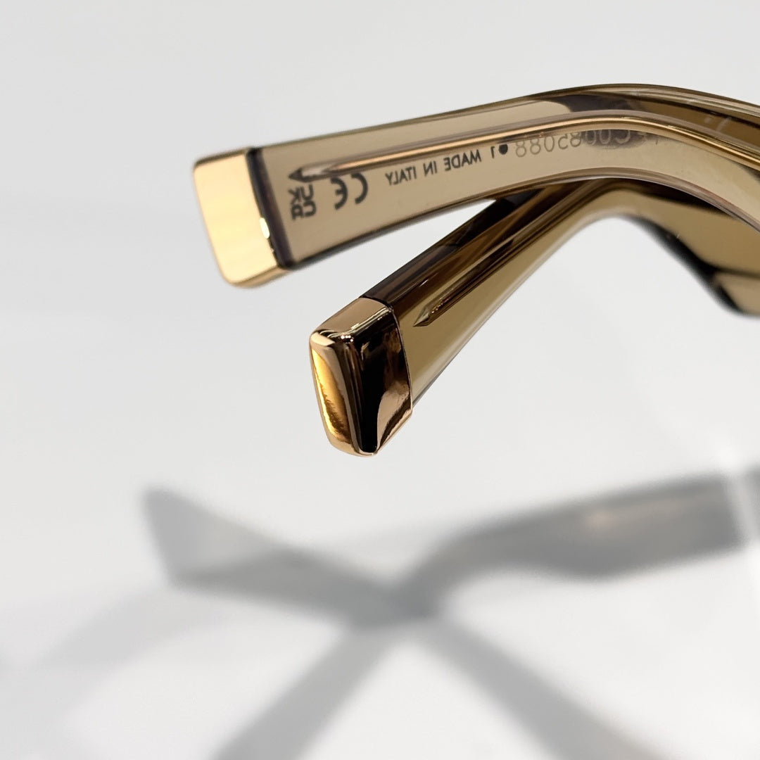 D**R Oversized Square Acetate Sunglasses | Transparent Champagne Frame, Gold CD Rivet, Gold Metal Tip, Flat Brown Lenses