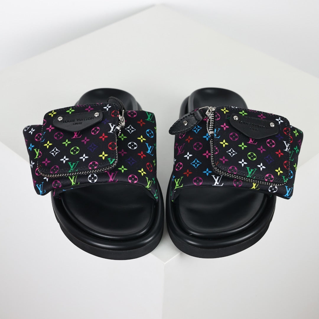 L***V Black Multicolor Monogram Gold Zipper Bow Wide Strap Pool Pillow Slide Sandals — Spring Summer Boutique Limited Edition