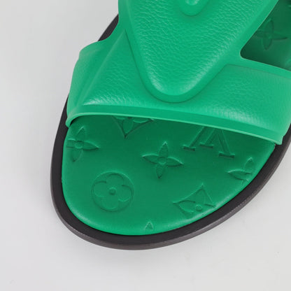 L***V Emerald Green Smooth Leather H-Strap Multi-Band Oasis Flat Slide Sandals — Spring Summer Boutique Limited Edition