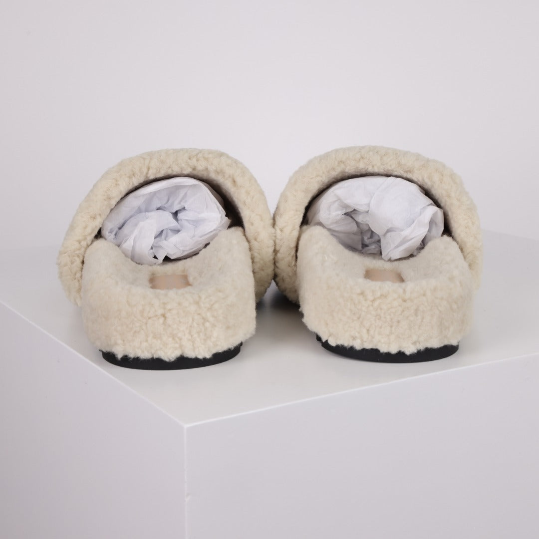 L***V Dark Chocolate Brown Tonal Monogram Shearling Lambswool Double Strap Slide Sandals — Autumn Winter Boutique Limited Edition