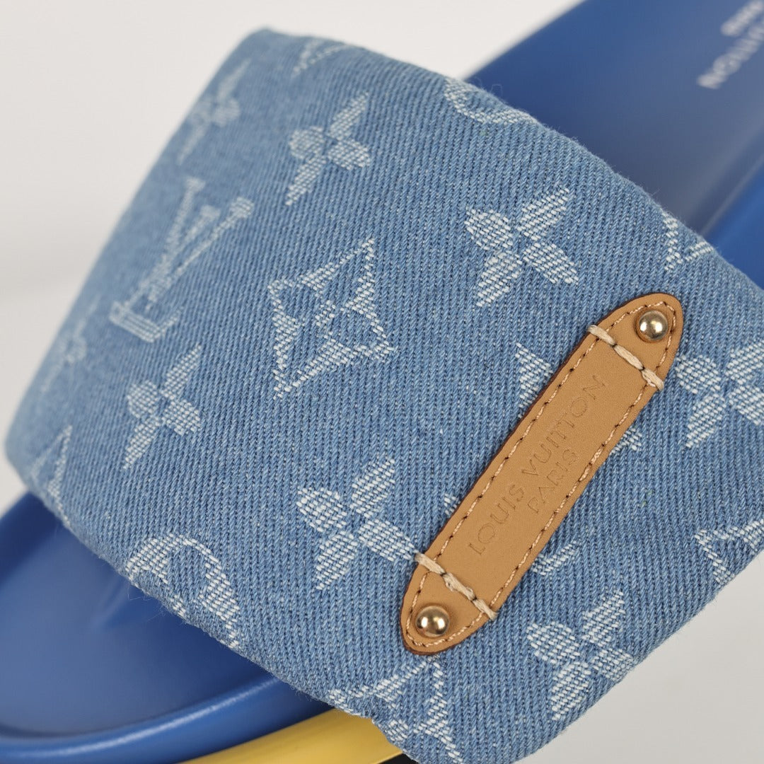 L***V Sky Blue Denim Monogram Gold Safety Pin Platform Slide Sandals — 2024 Spring Summer Boutique Limited Edition
