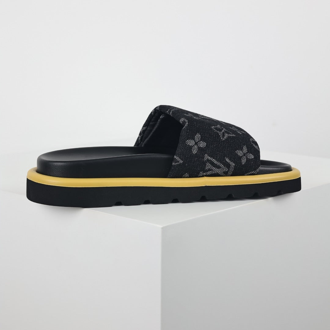 L***V Black Monogram Canvas Gold Safety Pin Platform Slide Sandals — 2024 Spring Summer Boutique Limited Edition