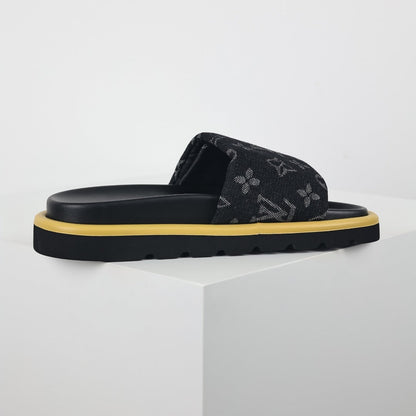 L***V Black Monogram Canvas Gold Safety Pin Platform Slide Sandals — 2024 Spring Summer Boutique Limited Edition