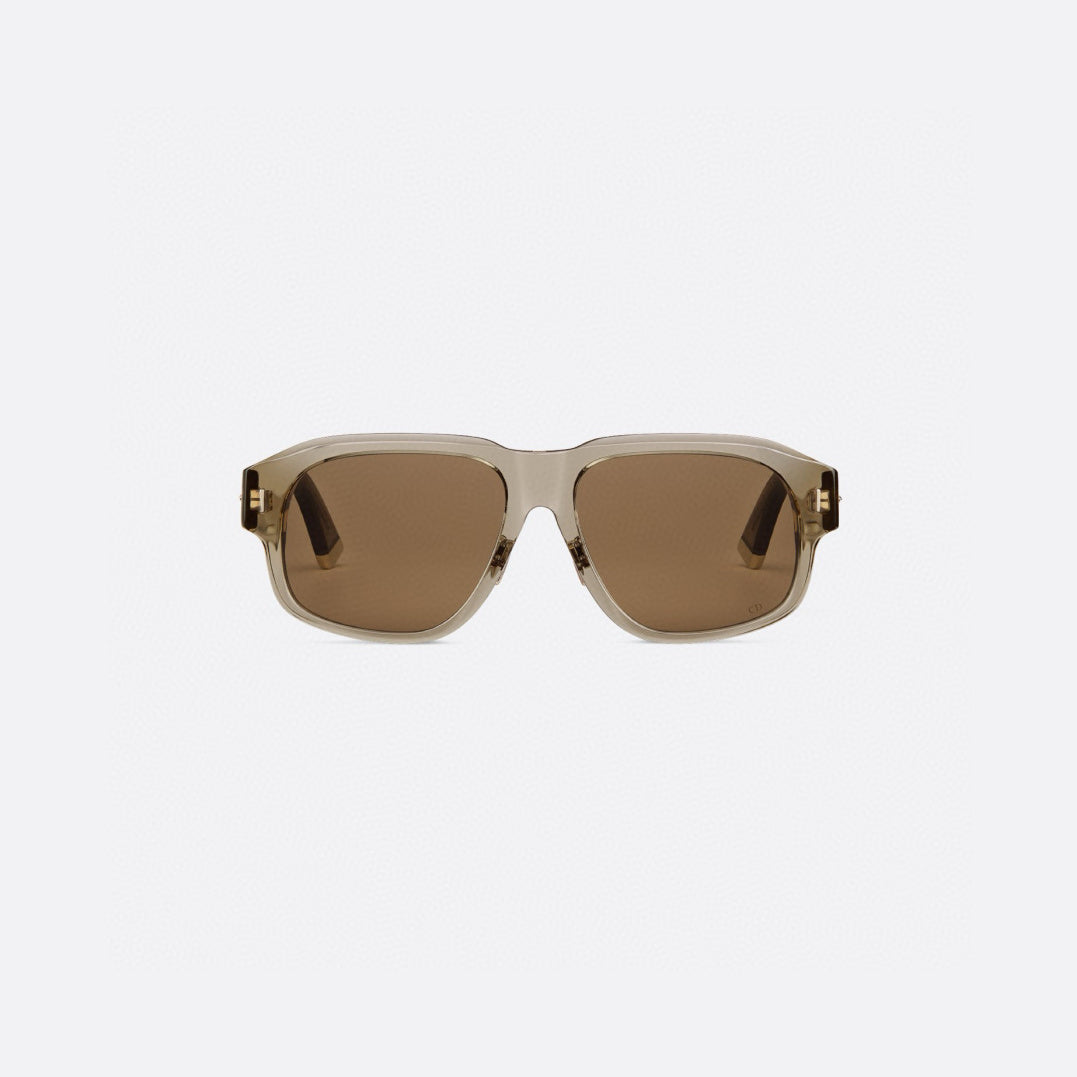 D**R Bold Square Acetate Sunglasses | Transparent Champagne-Brown Frame, Gold CD Metal Inlay, Three-Rivet Temple, Flat Brown Lenses