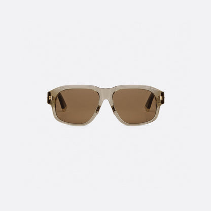 D**R Bold Square Acetate Sunglasses | Transparent Champagne-Brown Frame, Gold CD Metal Inlay, Three-Rivet Temple, Flat Brown Lenses