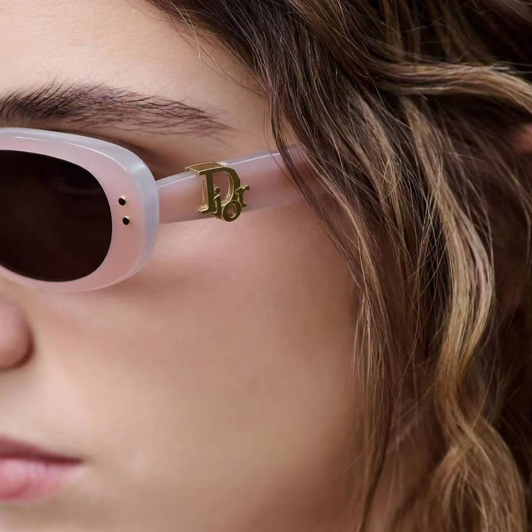 D**R Slim Narrow Oval Sunglasses with Glossy Black Acetate Frame, Dark Grey Lenses & Gold CD Hinge Hardware