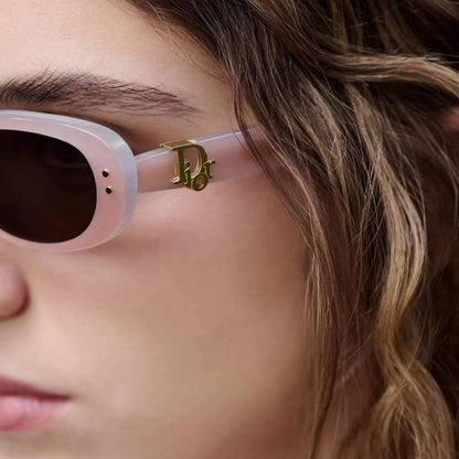 D**R Slim Narrow Oval Sunglasses with Glossy Black Acetate Frame, Dark Grey Lenses & Gold CD Hinge Hardware