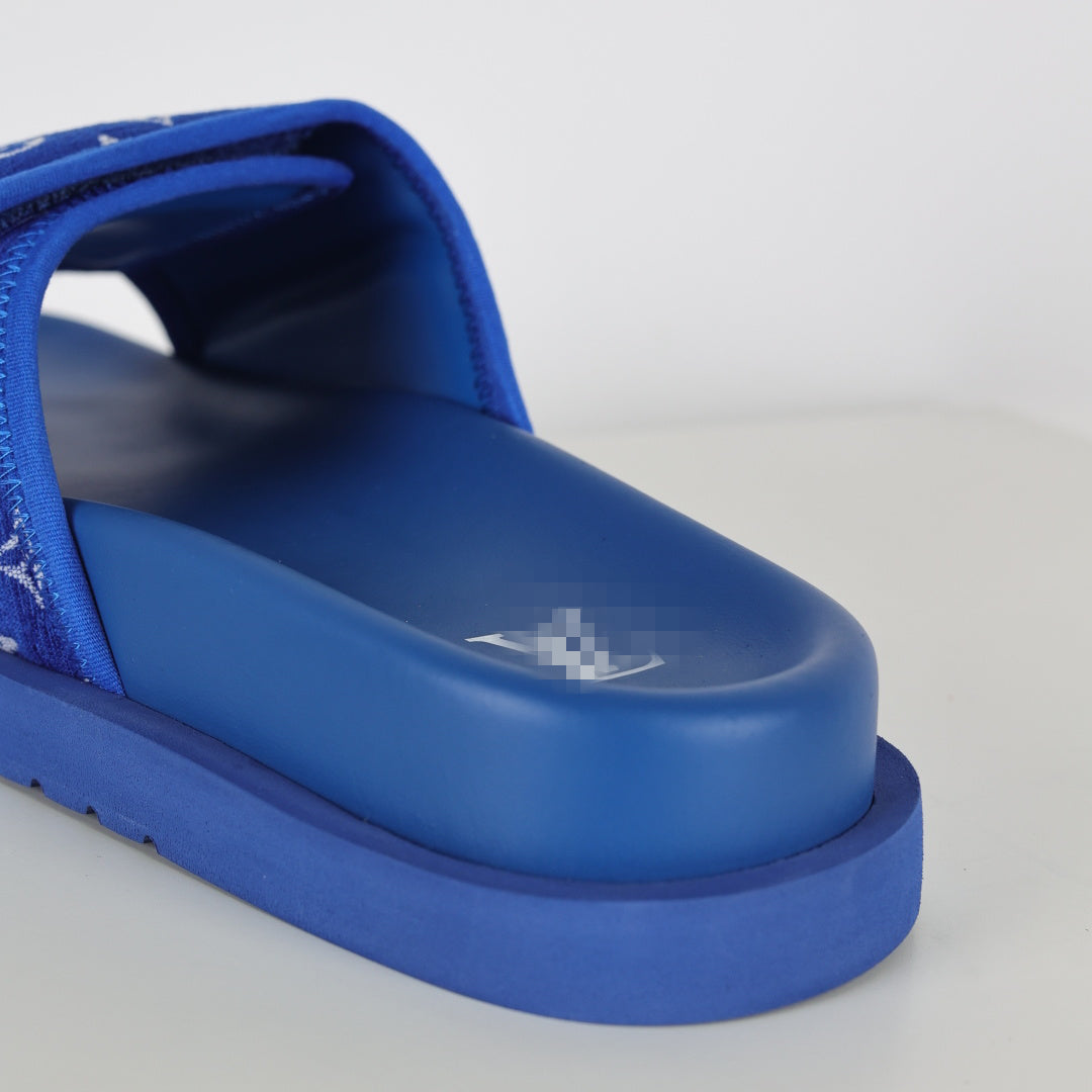 L***V Royal Blue Monogram Jacquard Twisted Bow Ruched Strap Miami Slide Sandals — Spring Summer Boutique Limited Edition