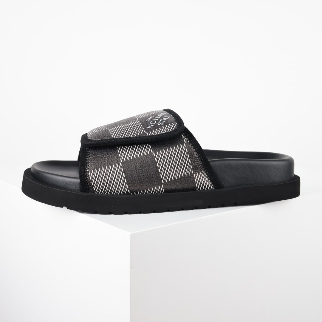 L***V Damier Graphite Black White Grey Woven Jacquard Velcro Adjustable Wide Strap Miami Slide Sandals — Spring Summer Boutique Limited Edition